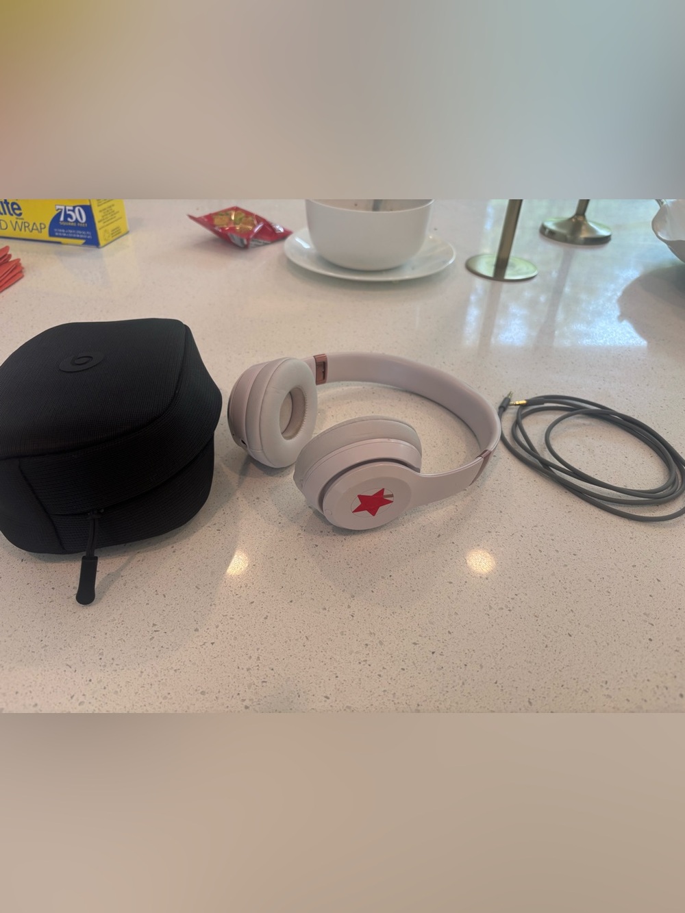 Beats Solo 4 white Wireless Headphones red star logo, carrying case, audio cable